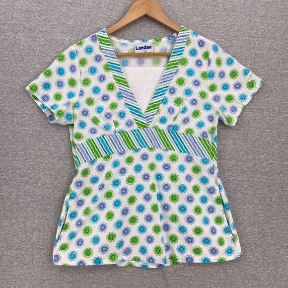 Landau Scrub Top Womens Small Blue Green Nursing Medical Uniform Short Sleeve - Picture 1 of 9